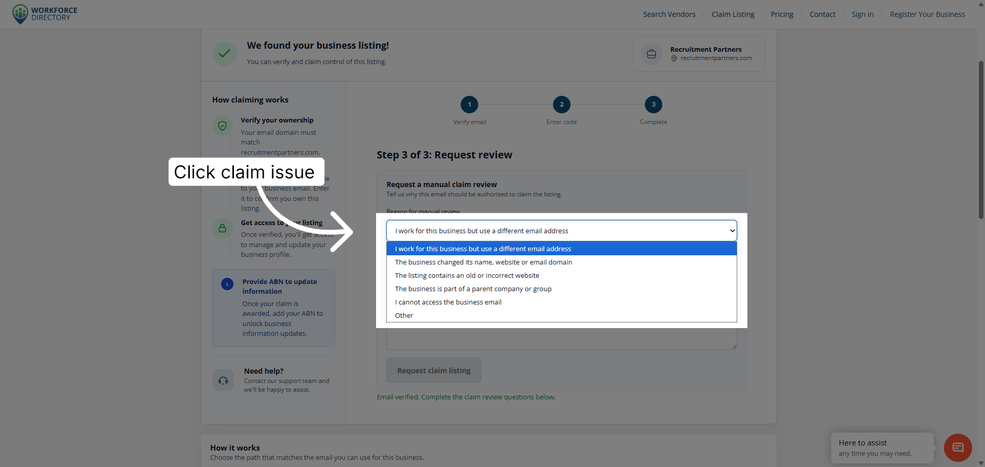 Step 10: Select the claim issue reason