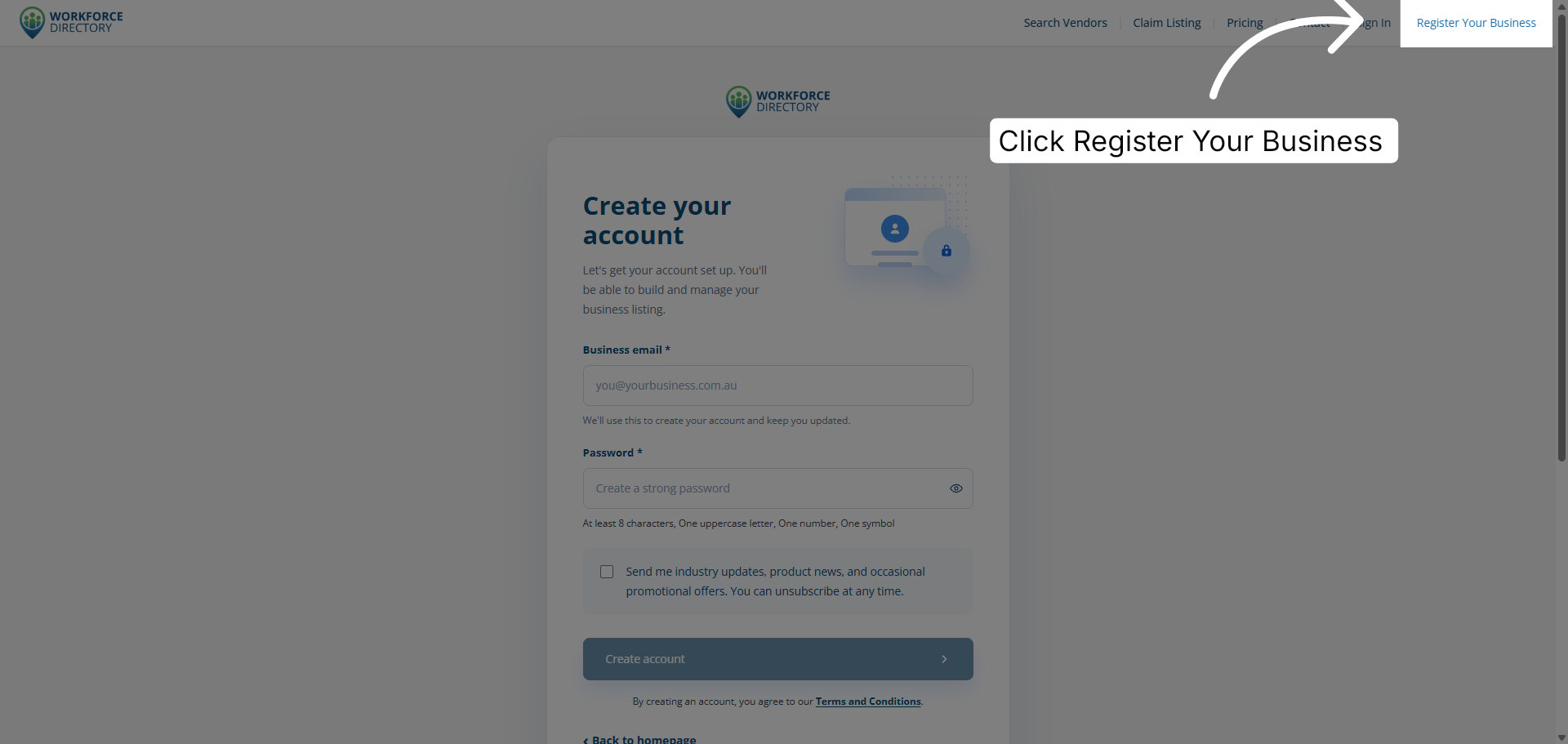 Step 3: Open the business registration page